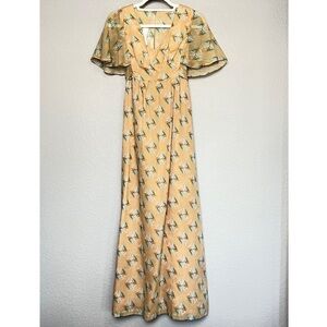 NWT VINTAGE 70s Prairie Flutter Sleeve Empire Waist Graphic Print Maxi Dress S